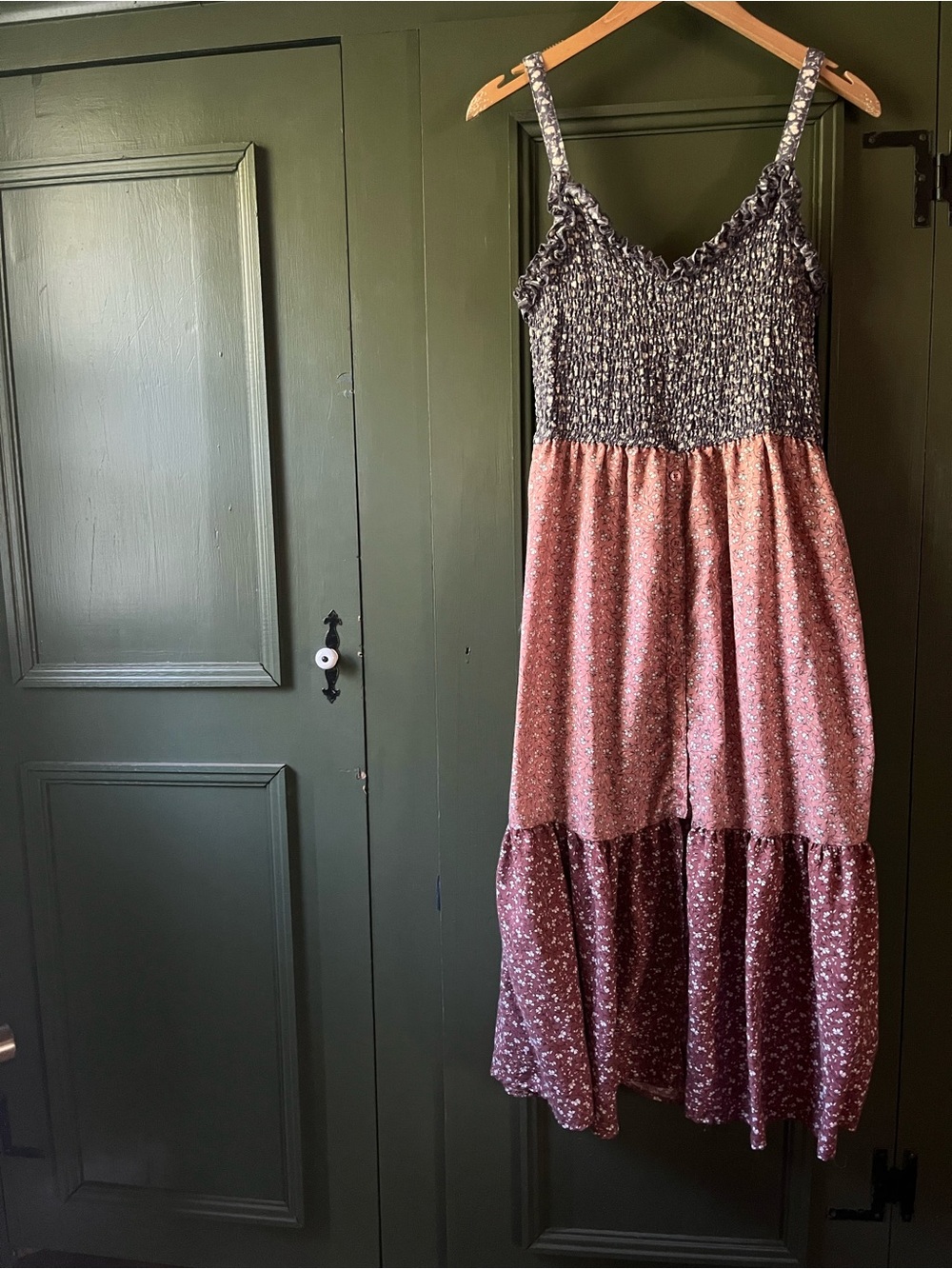 Band of the Free Smocked Spaghetti-Strap Tiered Dress in Blue and Dusty Rose